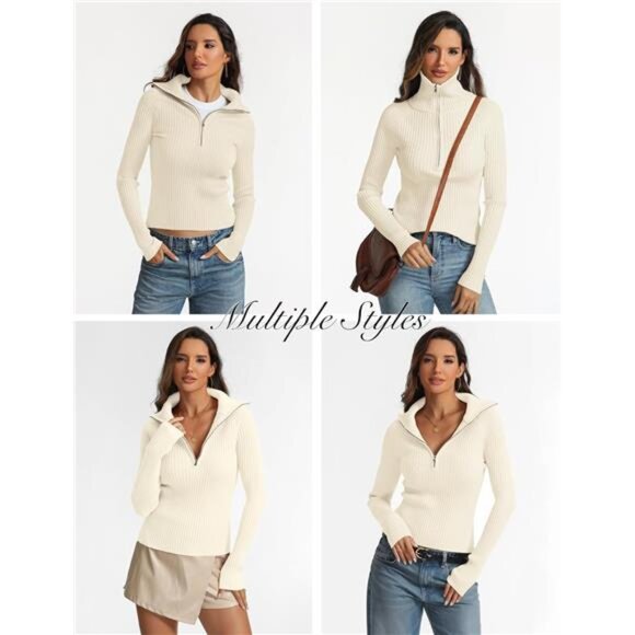 COPY - Women's Half Zip Pullover Sweater - V-Neck Collared Long Sleeve Ribbed K… - Picture 6 of 7